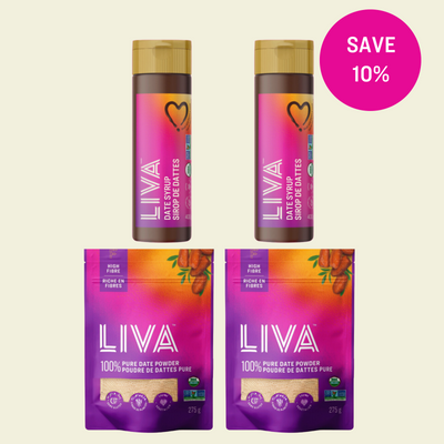 LIVA 100% Pure Organic Date Syrup 400g x 2 and 100% Pure Organic Date Powder 275g x 2 Bundle